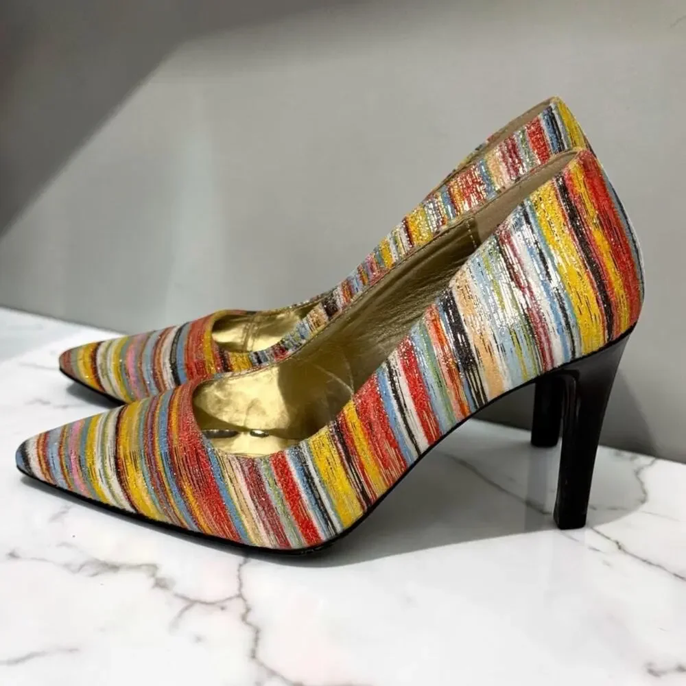 Torta Caliente Zita Rainbow Stripe Pointed Toe Pumps Heels Sz 6 NIB Dopamine